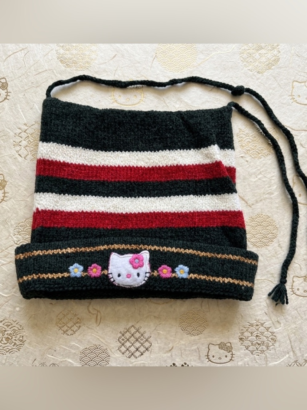 Striped Knit Beanie Vintage Hello Kitty - Blackish green, Red, Cream - NWOT